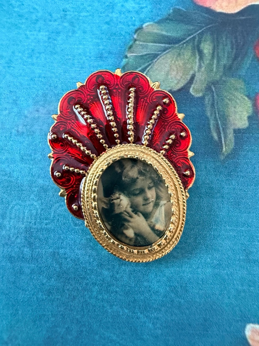 Red Enamel Vintage Portrait Brooch